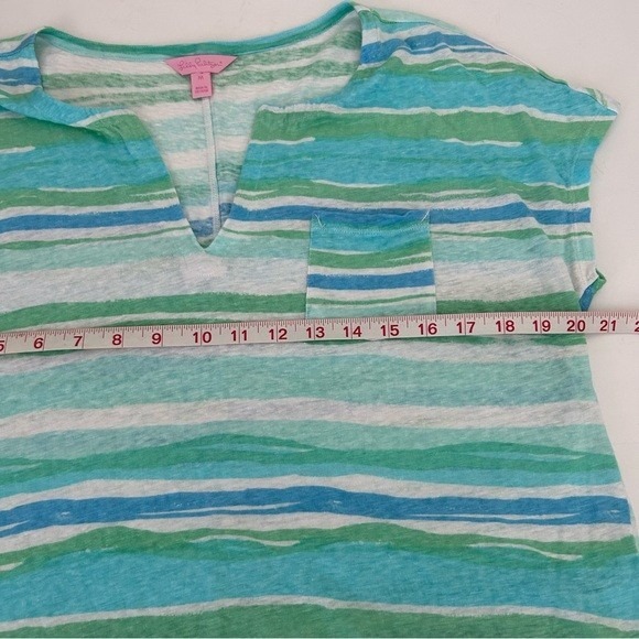 Lilly Pulitzer Duval notch Neckline Linen Seafoam Blue tee shirt blouse Size M - Picture 7 of 9